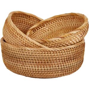 Natural Rattan Round Fruit Basket Bowls, Hand Woven Decor Serving Baskets, Wicker Storage for Dinning Room (Round-Combo)
