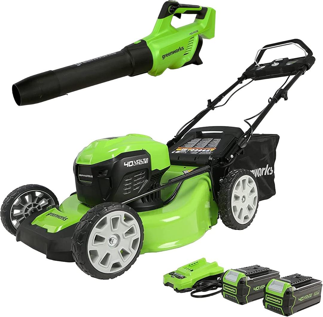 Greenworks 40V 21" Brushless (Smart Pace) Self-Propelled Lawn Mower, 2 x 4Ah USB Batteries and Charger Included MO40L4413 with Greenworks 40V Axial Leaf Blower, Tool Only, 2416202AZ