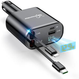 DreamBee Retractable Car Charger,66W 4 in 1 Super Fast Charge Car Phone Charger,Retractable Cables (31.5 inch) and 2 USB Ports Car Charger Adapter for iPhone 17/16/15/14/13/12 Pro Max XR,iPad,Samsung (TypeC+Lightning, Black)