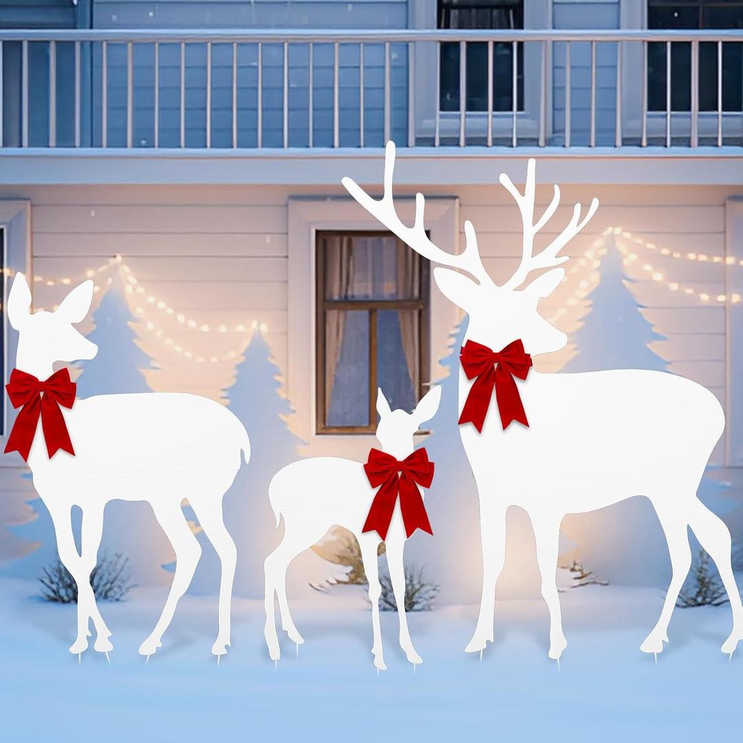 3 Pcs Metal Reindeer Christmas Decor Outdoor 47'' 2D Deer Family Silhouette Set with Red Velvet Bow Reindeers Sign with Stake Outdoor Christmas Yard Standing Decor for Lawn Garden
