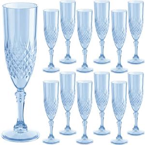 Blue Champagne Flutes Set of 12 7oz, Plastic Champagne Flutes Crystal Plastic Reusable Glasses Cups Goblets Shatterproof Unbreakable, for Valentines Day Wedding Party Mimosa Bar