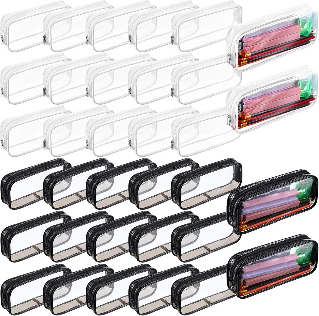 30 Pcs Clear Pencil Pouch Bulk Clear Pencil Case Bag 7.87x 1.38 Inch PVC Waterproof Travel Toiletry Makeup Zipper Pouches for Office Stationery Travel Storage(Black, White)