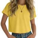 YooAurvox Girls Crop Top Short Sleeve Summer T Shirt Kids Crew Neck Causal Rolled Cuffs Athletic Teen Cute Shirt 5-14 Years(5-6 Years,Yellow)