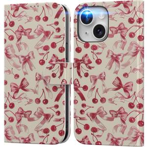 DEENAKIN for iPhone 14 Plus Wallet Case with Card Holder + Cash Clip, RFID-Blocking, Military-Grade Drop Protection & UV-Printed Artwork, Magnetic Closure with Leather Stand - Red Cherry and Bows