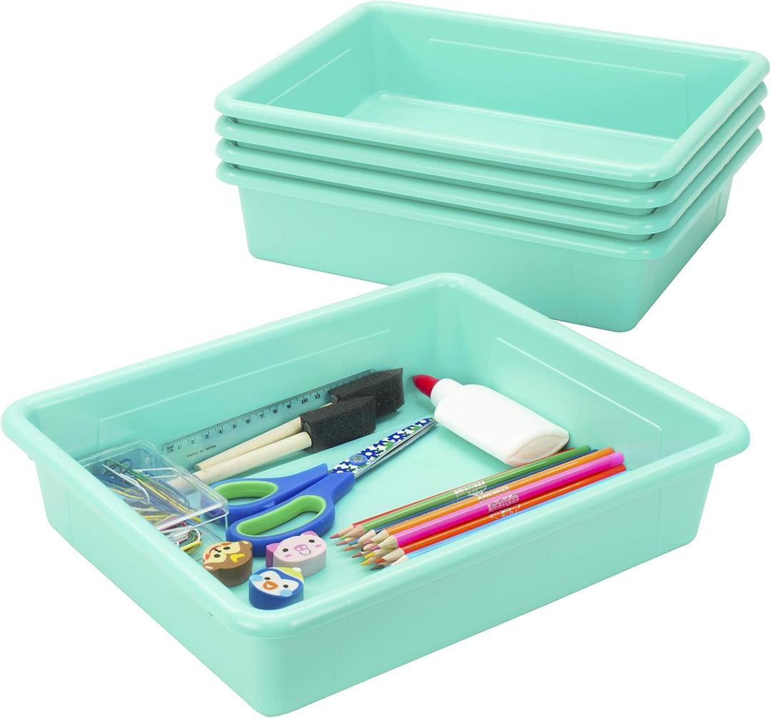 Storex(62522U05C) Letter Size Flat Storage Tray – Organizer Bin for Classroom, Office and Home, Teal, 5-Pack ,10 x 13 x 3 Inches