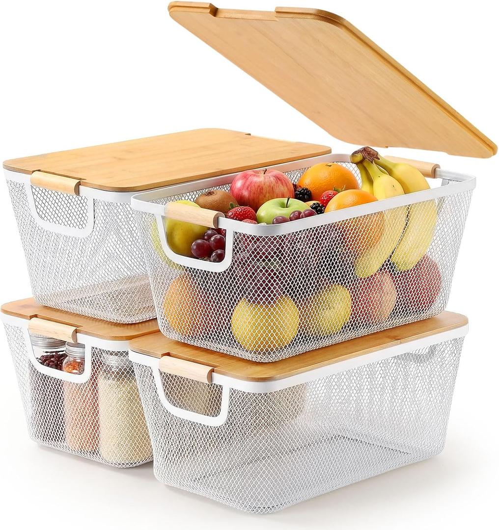 Geelin 4 Pcs White Metal Wire Basket with Wooden Handles and Bamboo Lids 14.37" x 8.58" x 6.5" Mesh Steel Basket Stackable Storage Bins Organizer Containers for Vegetables Fruit Home Cabinet Pantry