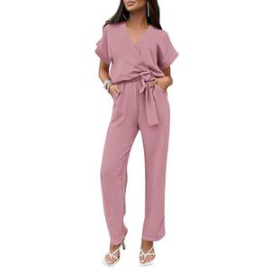 PRETTYGARDEN Women's One Piece Jumpsuits Dressy Casual Summer Short Sleeve Wrap V Neck Belted Wide Leg Pants Romper (Pink,Small)