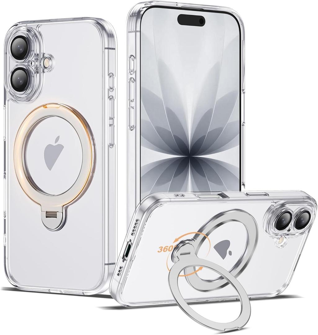Compatible with iPhone 17 Case with 360 Spin Magnetic Ring Stand [Compatible with Mag-Safe] Full Camera Lens Protector Plating Clear Phone Case for iPhone 17 6.3", Clear