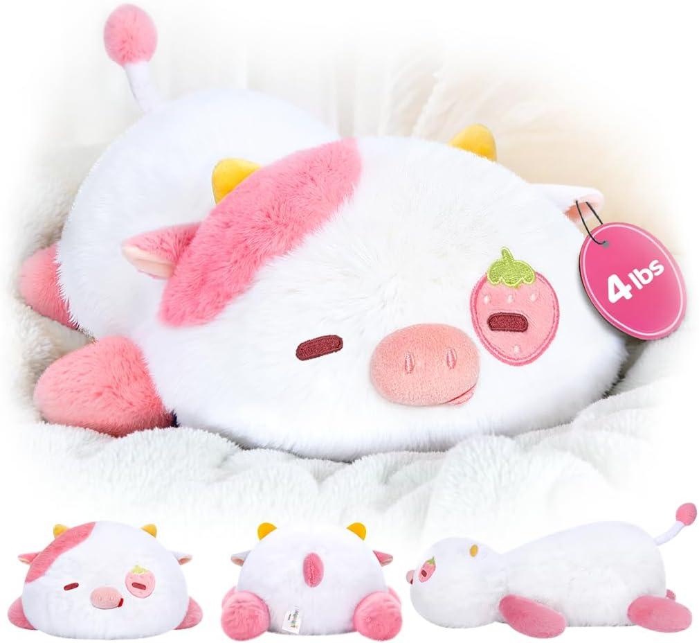 Weighted Stuffed Animals 4.0 Lbs  Weighted Strawberry Cow Plush, Weighted Plush Animals for Kids, Cow Weighted Pillow, Birthday Gifts for Women, Girls and Males (23 inch)