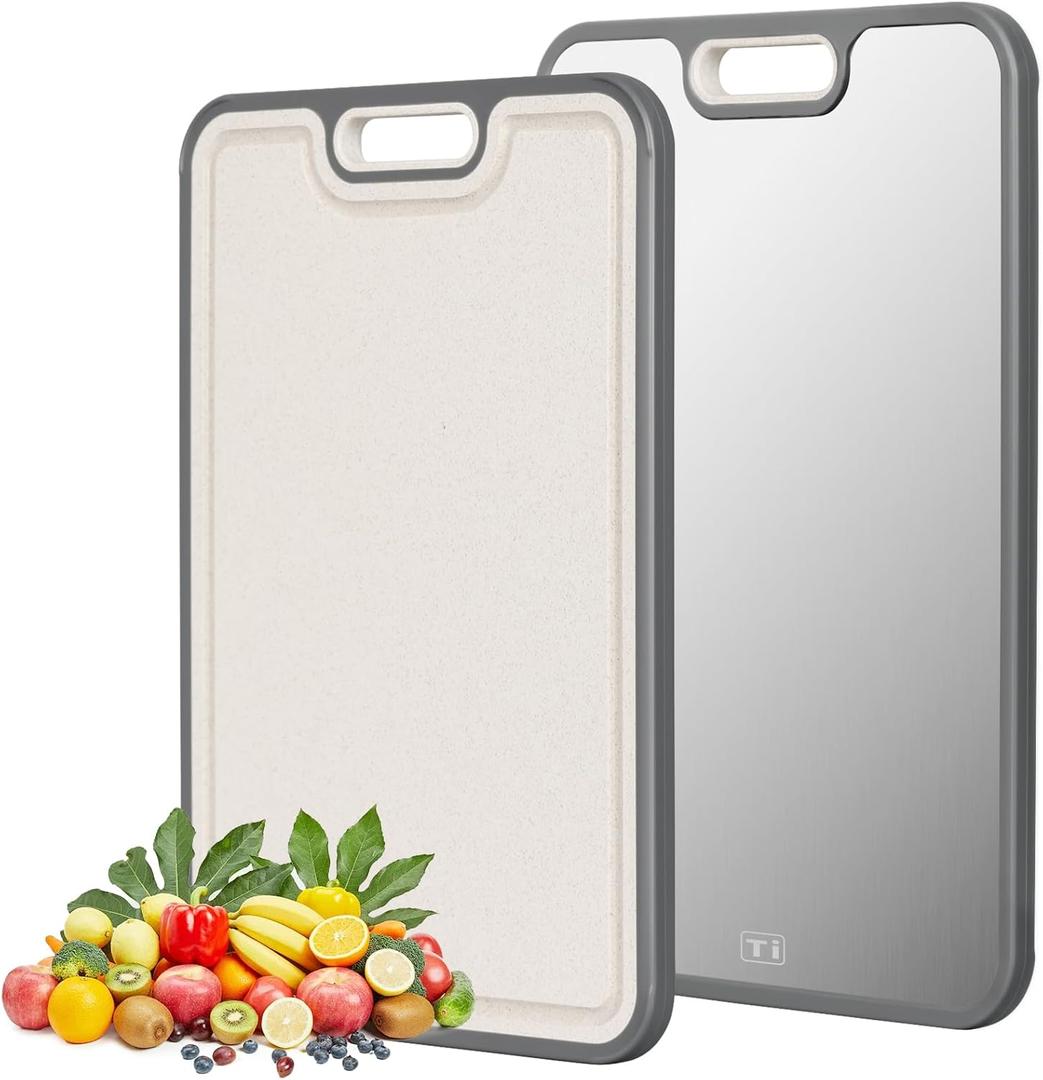 Titanium cutting boards for Kitchen,2-in-1 Double Sided Food Grade,Pure Titanium and Wheat Straw PP, Double Chopping Boards for Meat and Fruits Easy to Clean Size 15x10