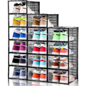 Clemate 15 Pack Shoe Storage Boxes, Clear Plastic Stackable Shoe Organizer for Closet, Shoe Box with Magnetic Door, Foldable Shoe Storage Bin, Sneaker Storage Box Shoe Rack Container Holder, Size 11
