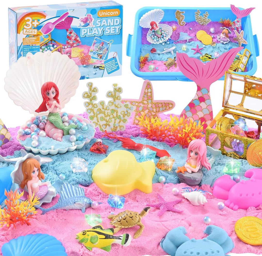 Volmop Sensory Bin for Girl, Play Sand Art Kit with Sandbox, 3.3lb Color Sand, Mermaid Tactile Sensory, Christmas Birthday Gift for Girl Toddler Ages 3-8 (Blue)