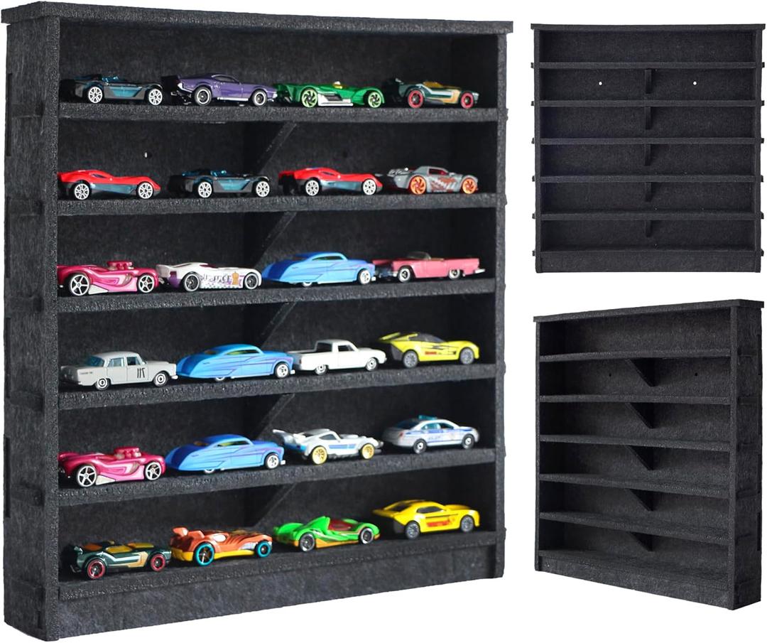 Assemblable Toy Cars Display Case for Kids, Portable Display Case Fit for Toy Cars Case & Matchbox Cars, Dampening Felt 24 Display Holder, Wall-Mounted Storage Organizer Case (Black- New Version)