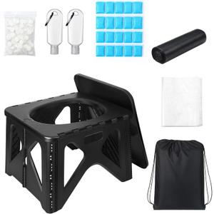 Portable Toilet Kit for Camping, Car, Adult Ultralight Foldable Camping Toilet Seat Collapsible Car Potty with Urine-fixing Agent, Trash Bag, Compressed Face Wipe for Travel, Fish, Emergency