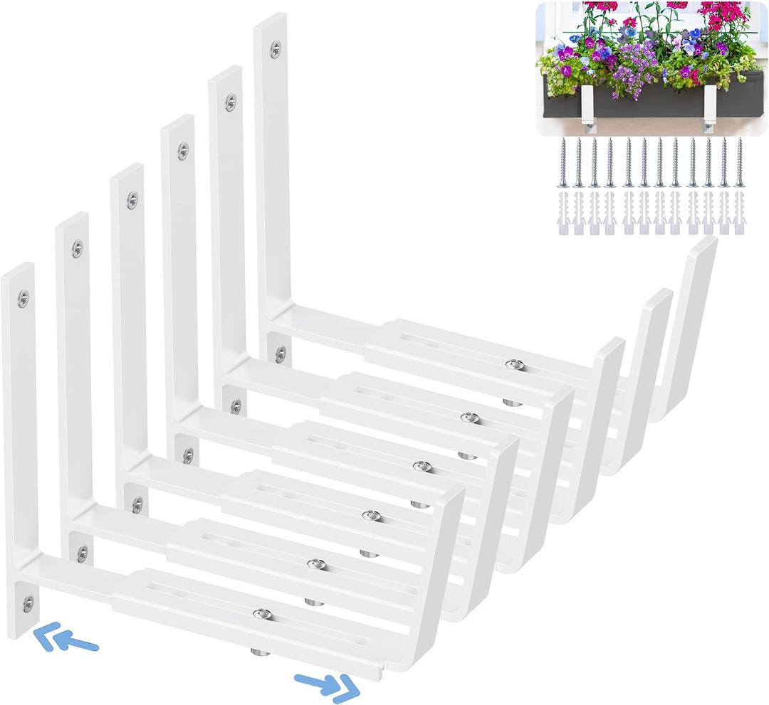 HFHOME 6 PCS Adjustable Planter Box Brackets (6 to 12.5 in), Universal Window Box Brackets, Heavy Duty Metal Flower Box Wall Mounting Hooks for Balcony, Fences, Patio, and Garden - White