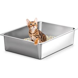 Kirecoo Stainless Steel Cat Litter Box, Small Metal High Sided Cat Pan Box, Indoor Litter Tray, Non Stick, No Smell, Easy to Clean, Pet Toilet Supplies for Cats (15.6 L x 11.6 W x 3.9 H)