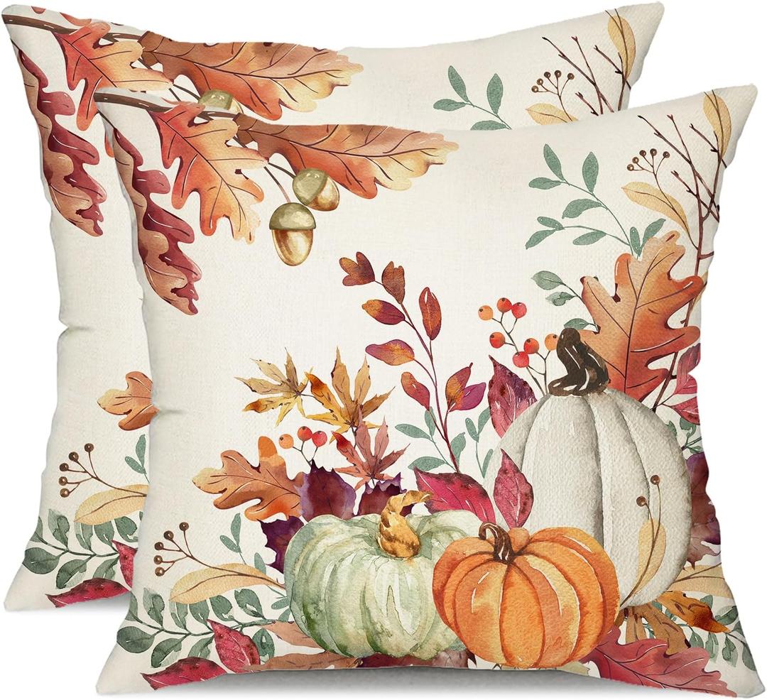 DFXSZ Fall Pillow Covers 20x20 inch Set of 2 Orange White Pumpkin Fallen Leaves Decorative Outdoor Throw Pillow Covers Autumn Thanksgiving Farmhouse Decoration for Home Couch TH27-A20 (Multicolor)