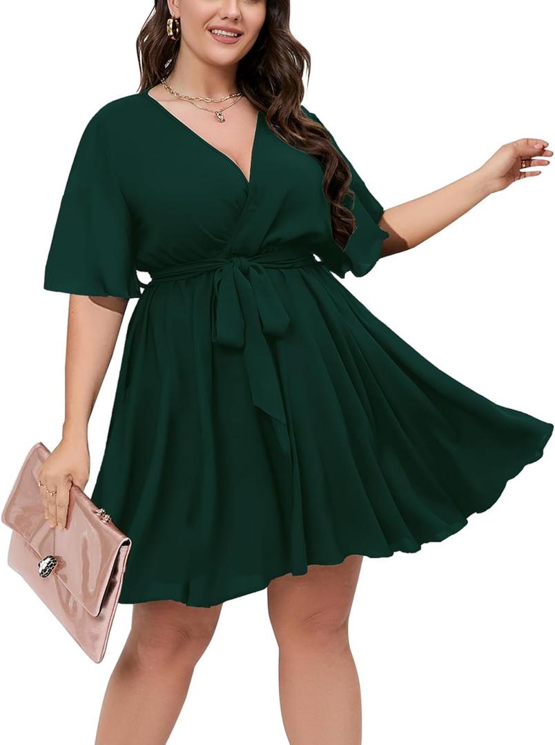 SCOMCHIC Women's Plus Size Summer Dresses Short Sleeve Wrap V Neck A Line Skater Mini Short Dress 3XL