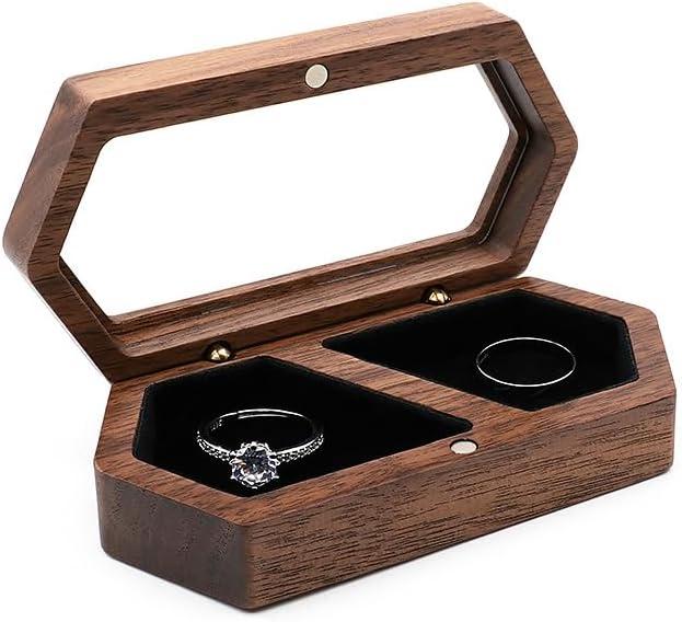 molchagar Wooden Ring Box for Wedding Ceremony, Engagement Ring Box for Proposal, Jewelry Organizer, Jewelry Display Box with 2 Slots, Wedding Keepsake Storage