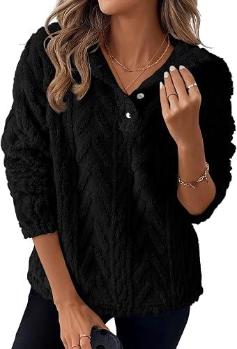 BLENCOT Women's Casual Winter Fuzzy Fleece Sweatshirts Long Sleeves Button Down Collar Neck Shaggy Cable Sherpa Pullover Jacket Pockets Black M