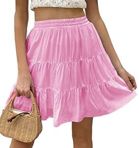 Tsher Women's High Elastic Waist Ruffle Casual Boho A-line Mini Skirts 0328 (L, Pink)