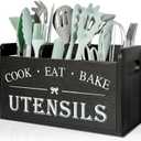 Wooden Kitchen Utensil Holder with 3 Compartments, Utensil Storage Organizer for Kitchen Counter, Farmhouse Decor & Rustic Cooking Tools Storage(Black)