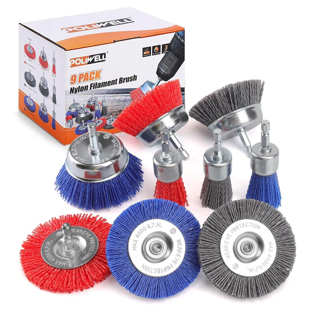 POLIWELL Nylon Filament Brush 9 Pack, Abrasive Wire Brush Wheel & Cup Brush Set, Drill Bit Sanding Brush with 1/4 Hex Shank for Steel Rust Removing, Grill Cleaning, Flaking Paint Refinishing