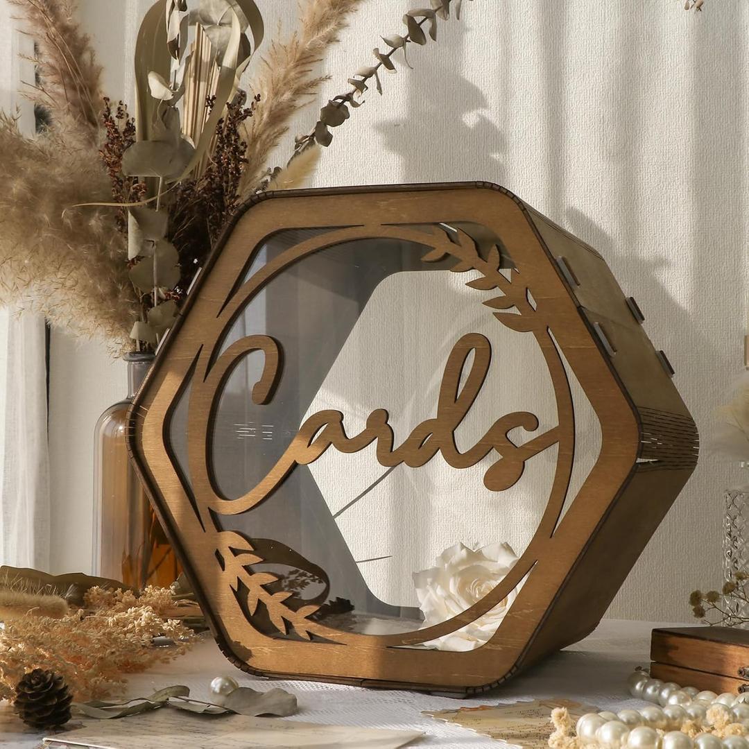 OurWarm Wedding Card Box with Acrylic Window, Rustic Brown Hexagon Gift Card Box for Wedding Decorations for Reception, Wooden Money Keepsake Envelopes Box for Wedding Decor Birthday Baby Shower Party