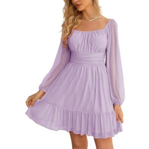 Wenrine Women's Mesh Long Sleeve Square Neck Dress High Waist A Line Ruffle Hem Flowy Casual Party Mini Dress (Light Purple) S