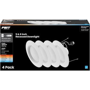 Feit Electric 5/6 Inch LED Recessed Downlight, 22.5W (120W Eqv), Dimmable, Adjustable White 2700K5000K, Retrofit Kit, E26 Adapter, Ideal for Larger Spaces or High Ceilings, LEDR56XHO/6WYCA/4, 4 Pack