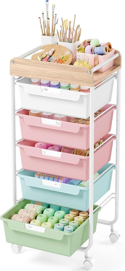 Rolling Storage Utility Cart with 5 Drawers,Colorful
Craft Cart with Wheels,Makeup Organizer,Art Supply And Storage Wooden Tabletop