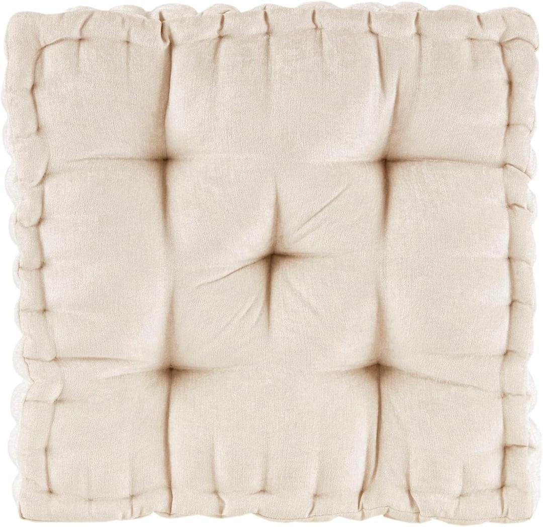 Intelligent Design Azza Floor Pillow, Large Cushions Sitting for Adults, Floor Pillow for Meditation or Yoga, Lustrous Chenille Tufted with Scalloped Edges for Bench/Chair Cushion, 20"x20"x5" Ivory (20"W x 20"L x 5"H, Square Ivory) 2 Pack