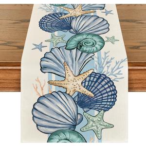 Artoid Mode Sea Shell Starfish Summer Table Runner,Spring Ocean Kitchen Dining Table Decoration for Home Party Decor 13x108 Inch