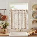 Jinchan Amlie Floral Kitchen Curtains 36 Inch Length Linen Cafe Curtains Small Window Drapes Light Filtering Botanical Farmhouse for Bedroom Bathroom Rod Pocket 2 Panels Taupe on Linen, 26"W x 36"L