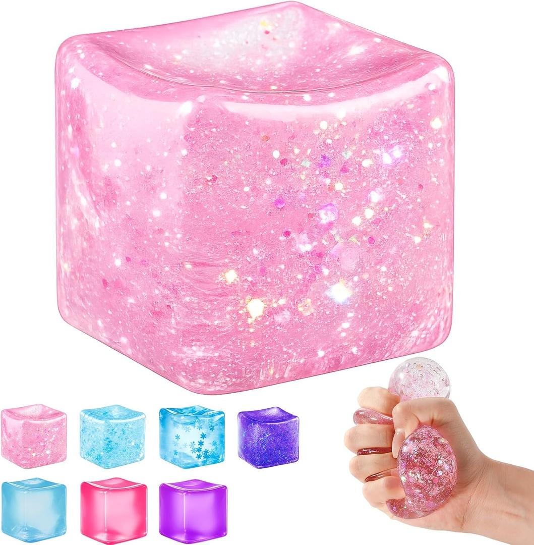 Ice Cube Squishy Fidget Toy, Slow Rise Squeeze Sensory Toy Stress Ball for Office Desk Anxiety Relief, Focus & Calm Novelty Gift for Teens - Pink Glitter