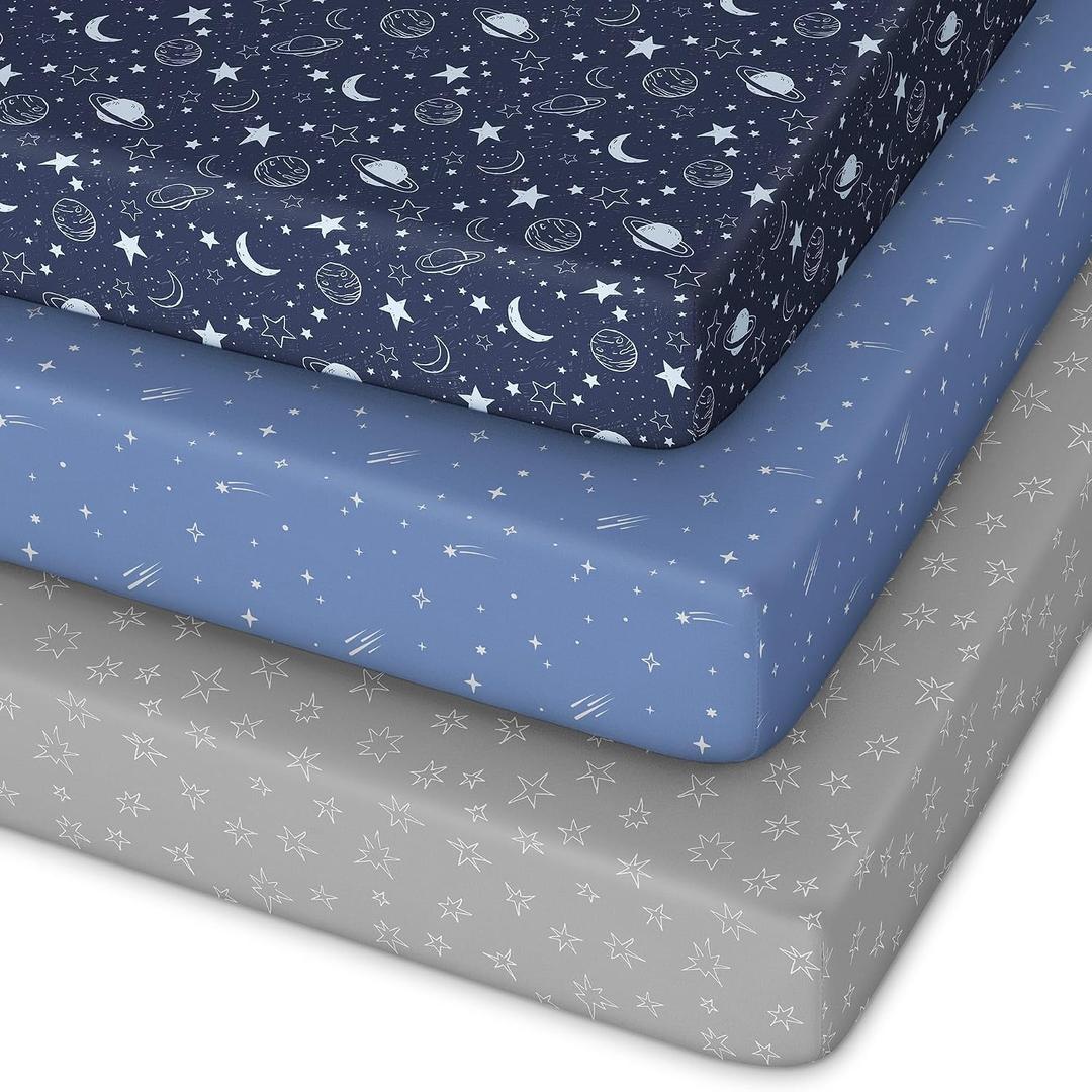 Unnivoll Pack and Play Sheets Fitted 3 Pack, Mini Crib Sheets for Pack N Play Mattress Stretchy Portable Playard Sheets, Soft Breathable Blue Gray Planet