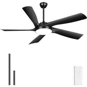 Ohniyou 60 Ceiling Fan with Lights and Remote - Black Modern Ceiling Fan with 6 Speeds, Quiet DC Motor, Reversible, Indoor Outdoor Ceiling Fans for Patios Bedroom Garage Living Room