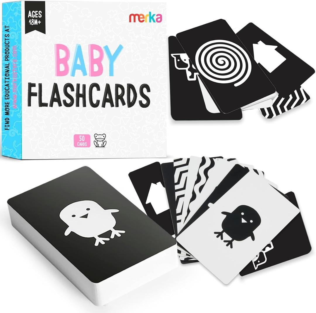 merka Newborn Flash Cards, Set of 50 Black and White High Contrast Baby Flashcards, Toys for Newborn, Visual Stimulation, Brain and Sensory Development