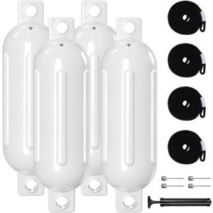 Boat Bumpers - 4 Pack 8.5" x 27" Boat Fenders for Docking with 4 Ropes and Air Pump, Inflatable Ribbed Vinyl Boat Bumper, UV Resistant & Saltwater Proof, for Jon Boats, Pontoon Boats, Yachts (White)