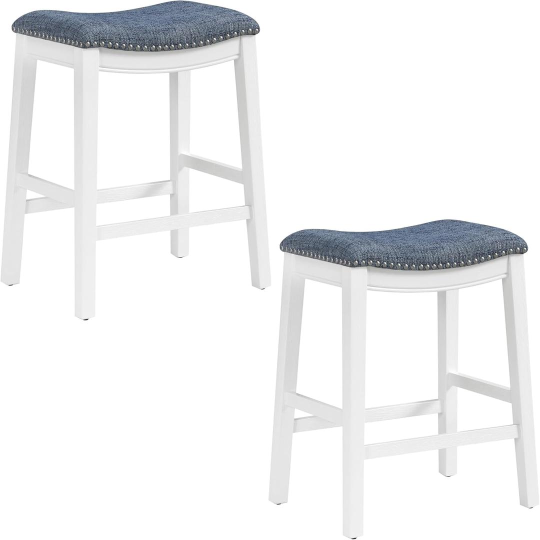 OSP Home Furnishings Metro Farmhouse Saddle Stool with Nailhead Trim, 2-Pack, 24-inch Counter Height, White Frame with Indigo Fabric
