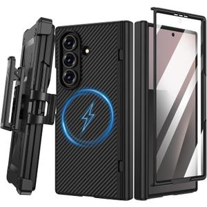 VEGO for Galaxy Z Fold 7 Case with Belt Clip [Compatible with Magsafe] Screen Protector & Hinge Protection Full-Body Shockproof Carbon Fiber Hard PC Protective Magnet Case for Samsung Z Fold 7 Black