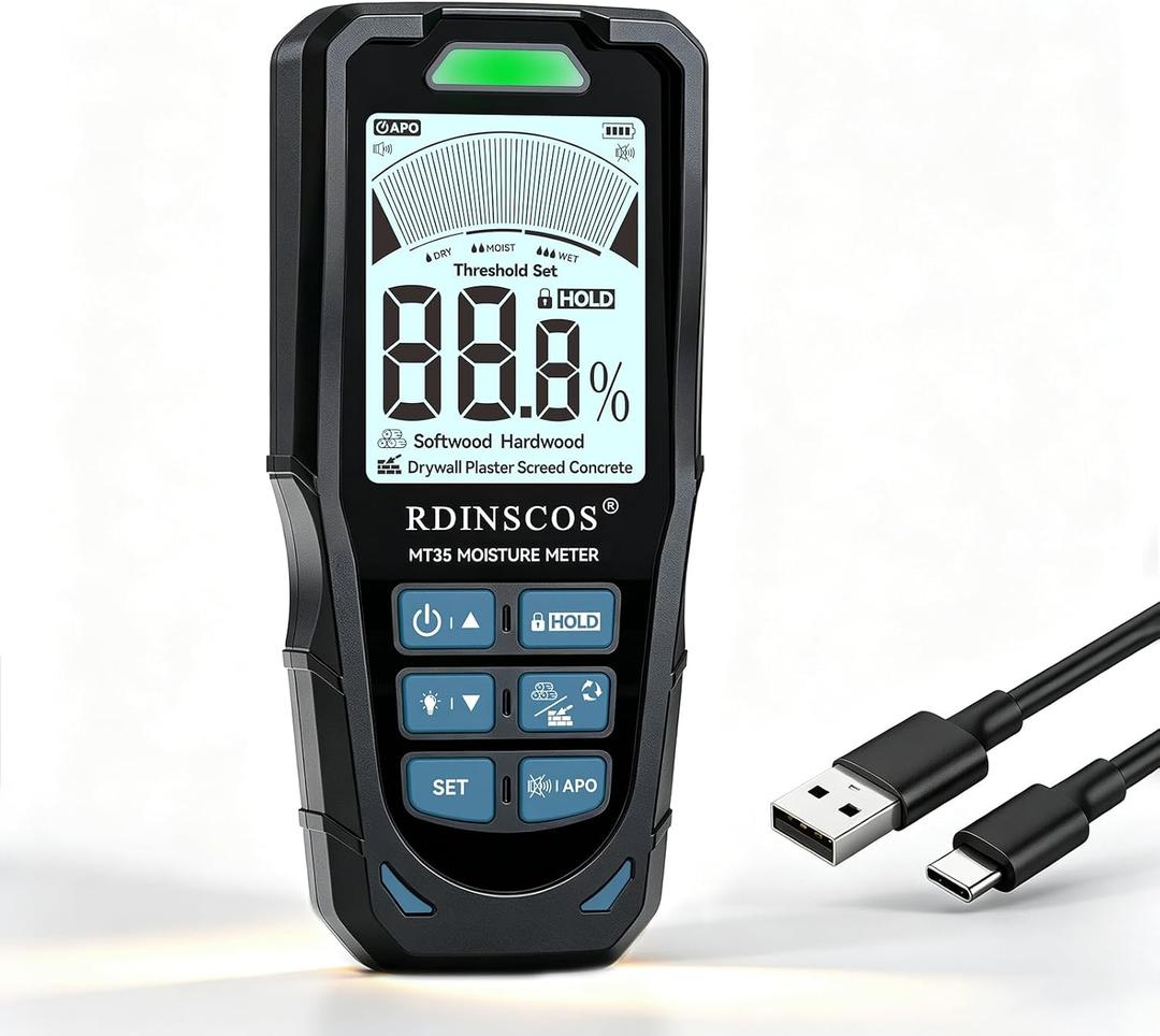 RDINSCOS Rechargeable Pinless Moisture Meter, 19mm Depth