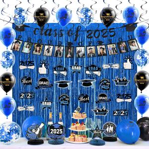 FRAMICS Graduation Decorations 2025, Graduation Banner Class of 2025, Graduations Photo Banner, Tinsel Backdrop Curtains, Ballons & Streamers Kit, Graduations Party Decorations, 82 Pieces, Blue