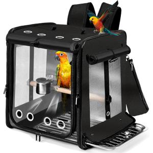 Suertree Bird Carrier with Seat Belt for Car Travel, Bird Backpack Carrier with Indestructible Stainless Steel Mesh, Large Bird Carrier Travel Cage, Black