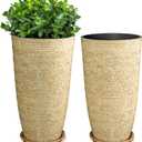 QCQHDU Set of 2 9 Gallon Tall Large planters for Outdoor/Indoor Plants of 12" Dia x 21" H Round Flower Pots Set Faux Stone Finish Front Door Patio Square Porch Planters with Tray, Beige, 21IN