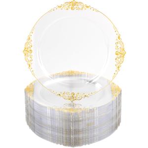 Nervure 100PCS Clear and Gold Plastic Plates - 10.25Inch Gold Disposable Plates - Heavyweight Dinner Plate for Wedding & Party
