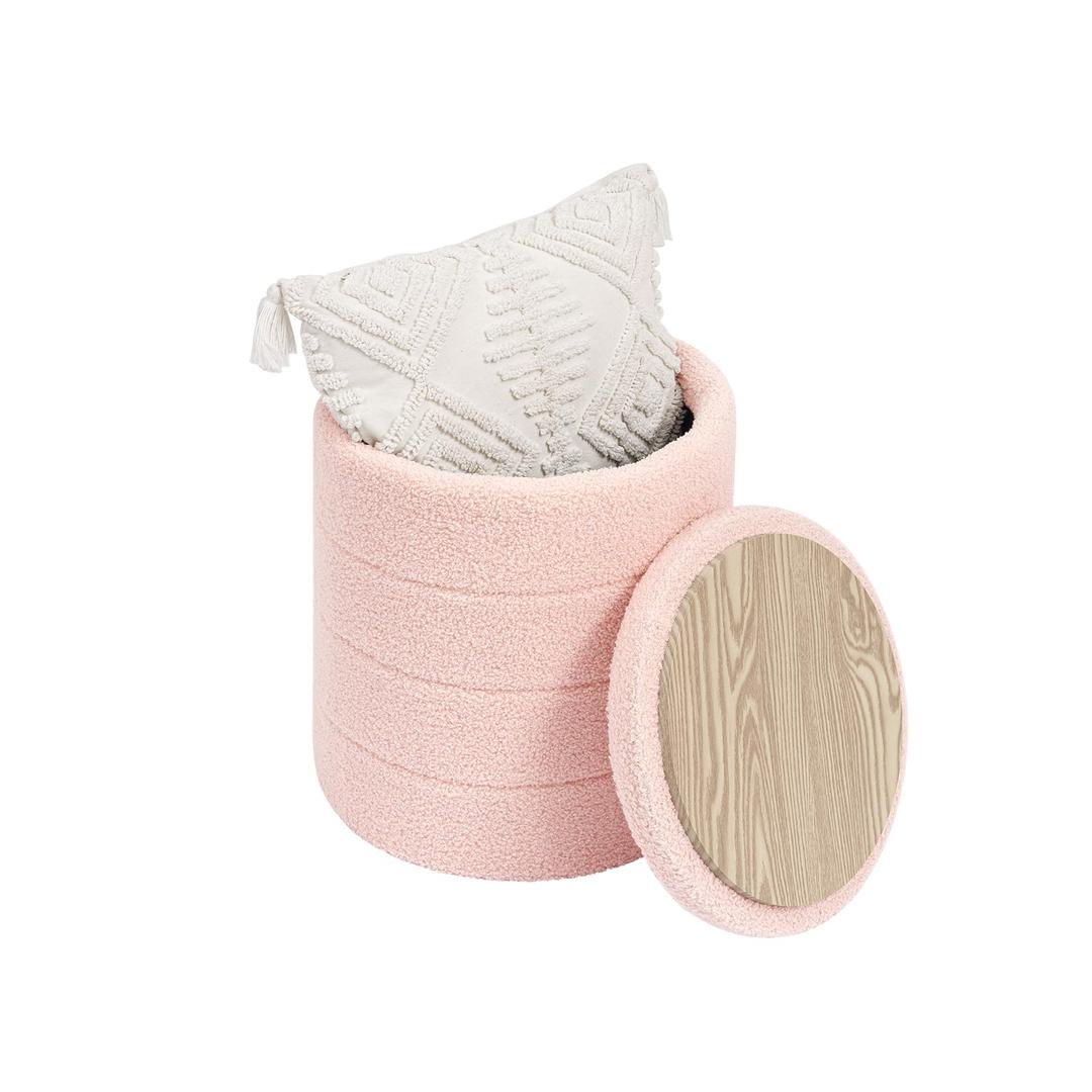 ZOLANOful Round Boucle Storage Ottoman, Sherpa Teddy Fabric Ottoman Footstool with Reversible Tray Lid, Folding Footrest with Storage for Living Room, Bedroom, Dorm, Pink, 14.6" x 14.6" x 17.7"