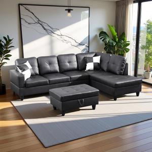 103.5" Oversized Sectional Couch, L Shaped Couch with Storage Ottoman, Modern Modular Sofa with Deep Seat, Sectional Couches for Living Room and Office, Jet Black (Faux Leather) (Right Facing +Ottoman)