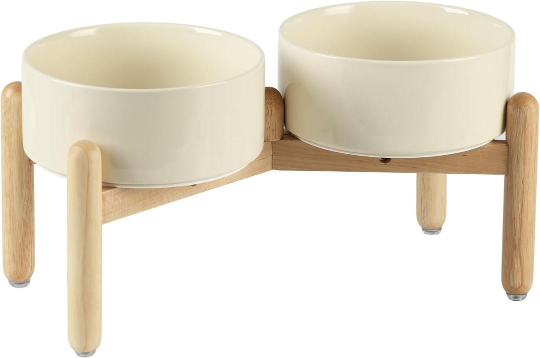 Havniva Ceramic 7.3inch Raised Double Bowls Set with Wooden Stand, Food & Water Bowls for Medium Breed Dogs, Weighted Dog Dishes, Pet Feeder(Light Yellow)