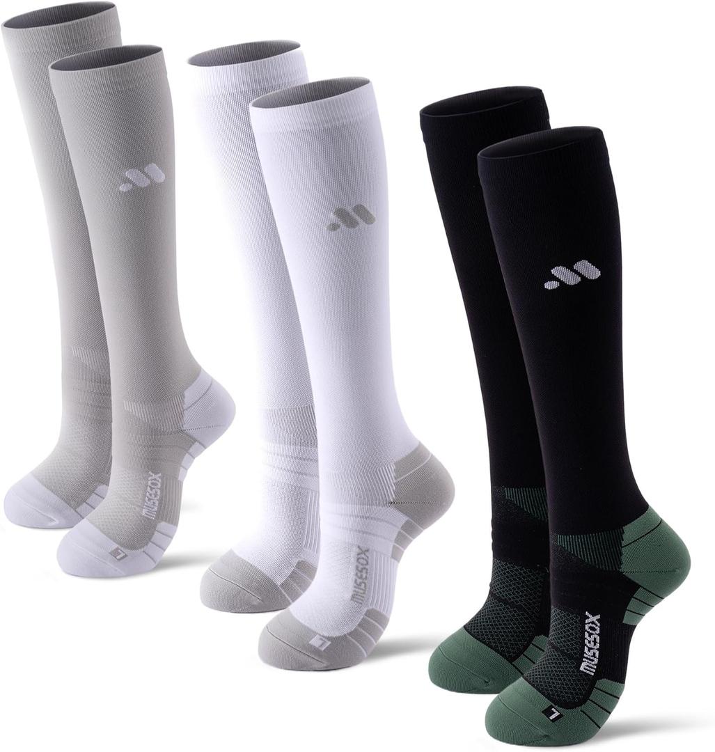 Compression Socks for Women and Men,Knee High 15-20mmHg Graduated Support(3 Pairs) Best for Nurses,Pregnant,Travel (Medium, A03-black/White/Gray)